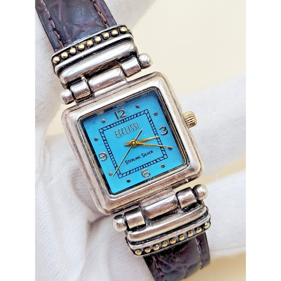 STERLING SILVER Ecclissi 22490 Case Turquoise Dial Square Dress Watch Vtg main image 8